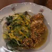 Split pea soup with fried oyster mushroomms  at Marumba in Budapest