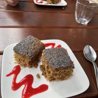 Cardemom cake with raspberry sauce  at L'Acoustic in Selestat