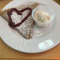 Peanut butter and raspberry jame vegan crepe with vegan ice cream   at Starving Artist Creperie and Cafe in Lee