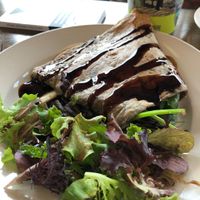 Beets included with a hot ginger chai with oat milk   at Starving Artist Creperie and Cafe in Lee