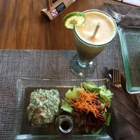 almond bread with spinach hollandaise and ginger float (looks tiny but is sooper-rich!) at Divine Earth in Seminyak