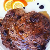 Vegan Chocolate Cherry Pancakes at Iss' Magic Mixes Oatmeal Cafe in Mesa