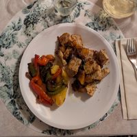 Grilled tofu with marinated sweet potato, onions, herbs, bell pepper mix at Agriturismo Corte del Maso in Veneto