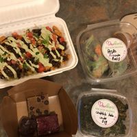 Walnut sausage bowl top left, box of treats bottom left (the chocolate chip blondie was my favourite!)  at Yummy Green in Victoria