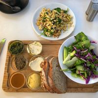 My favorite place for Israeli breakfast because you get so many yummy vegan spreads, the salad is excellent and most importantly, the scrambled tofu truly has an eggy taste to me. at Anastasia in Tel Aviv