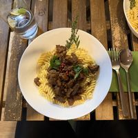Daily special (vegan goulash with noodles) and homemade lavender lemonade   at Im Grünen Eck in Kaiserslautern