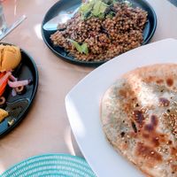 Fava, lentil salad and vegetable pie. at DAL CAPO del porto in Karavostasis