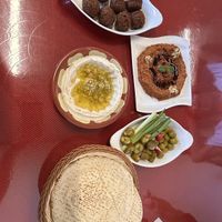 falafel, hummus, muhammara, and pita  at Al Baraka Restaurant in Anaheim