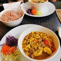 Ackee & tofu dish. One bowl of rice & peas on the side. at Fi Real in Bristol