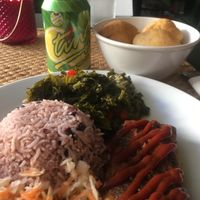 Dumplings, kale, jerk tofu, rice & peas 👌🏻 at Fi Real in Bristol