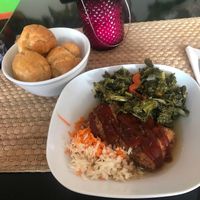 Jerk tofu, kale and dumplings  at Fi Real in Bristol