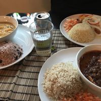 Escoveitch tofu with rice (top), yam stew with peas & rice (left), barbeque veggie mince with rice (bottom) at Fi Real in Bristol
