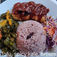 Jerk Tofu, spicy kale, brown rice at Fi Real in Bristol