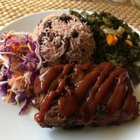 Jerk tofu, rice and peas, kale & coleslaw.  at Fi Real in Bristol