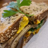 Vegan sandwich 'with the lot' - eggplant, pumpkin, spinach, cheese, zucchini at Dad and Dave's Cafe in Yarraville