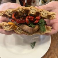 Inside shot of waffle Sammy Pepper & mushroom  at P.S. and Co. in Philadelphia