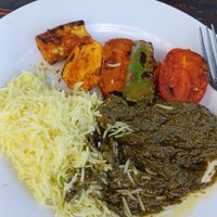 Mustard green saag (not on menu but fresh greens from the wners garden), grilled veggies, and saffron basmati rice at Avatar's in Sausalito