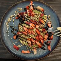 Avocado and strawberry toast   at Meera Bakery Cafe in Campbell River