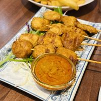 Satay mock chicken with salt n pepper chips   at Lotus Plant Based Kitchen in Manchester