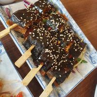 Roasted ell skewers at Lotus Plant Based Kitchen in Manchester