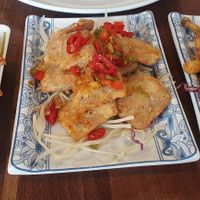 Sesame toast, salt & pepper pork ribs, salt & pepper chilli squid at Lotus Plant Based Kitchen in Manchester