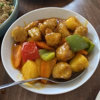 Sweet and sour chicken  at Lotus Plant Based Kitchen in Manchester