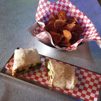 whole wheat vegi wrap & sweet potato fries at Samson's Gourmet Hot Dogs in Dallas