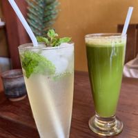 Lime soda and green juice 🥬   at June's Art Cafe in Koh Samui