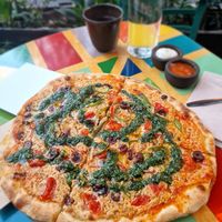 Pizza with Pesto at Hatool HaYarok - The Green Cat in Tel Aviv