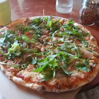 Mushroom onion arugula at Hatool HaYarok - The Green Cat in Tel Aviv