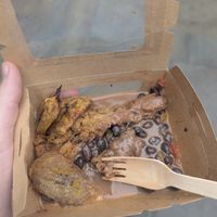 FF oyster mushroom, black bean stew, plantain. Small box £5 at Fusionx3 in London