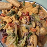 Panang Curry w/brown rice & Spring Rolls  at Thailicious in Poughkeepsie