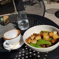 Tofu mushroom stir fried and cappuccino at Books and Books in Coral Gables