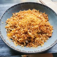 rice noodles (removed egg), black mushrooms, tofu, garlic, onion, coconut curry sauce at Wasabe Asian Fusion in Agia Paraskevi