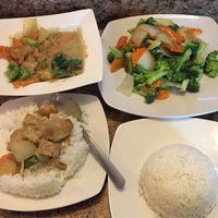 Potato curry and teriyaki broccoli -- both came with rice and all for meee :) at Sykamore Vegan House in Dallas