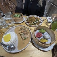 Crispy tofu with miso sauce (bottom left), rainbow dumplings (bottom right), rest is veggie  at Uncle Wah in Bristol