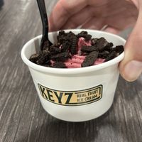 Vegan vanilla with raspberry and Oreo   at Keyz New Zealand Style Ice Cream in Nags Head