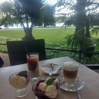 Various sorbets and "Heiss & kalt" vegan bourbon vanilla ice cream and hot cherries at Orangery Schwerin in Schwerin