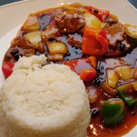 Vegan beef in black bean saucr at Rumours Kopitiam in Glasgow