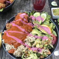 Buddha bowl with whole grain rice, kidney beans and a generous portion of vegetables and avocado  at Moehren Milieu Eco Cafe in Mainz