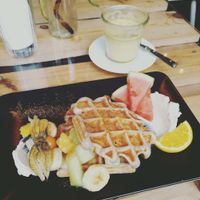 waffle breakfast and turmeric latte - both delicious! at Moehren Milieu Eco Cafe in Mainz