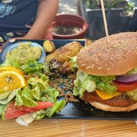 Kidney bean burger with potato wedges.  at Moehren Milieu Eco Cafe in Mainz