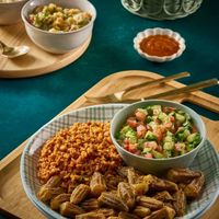 Bulgur Tomato Pilaf With Okra and Cucumber Salad at Vegan Stops in Long Beach