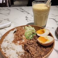 Taiwanese "Pork" with smoked eggs and mango milkshake at OVOCafe - Wan Chai Rd in Hong Kong Island