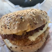JustEgg everything bagel sandwich with beyond meat sausage patty and vegan cheese. Big sandwich and tasty   at Earth Burger - NW Loop in San Antonio