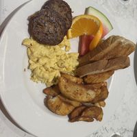 Regular breakfast with vegan sausage and JustEgg substitutions   at Boom Breakfast & Co in Toronto