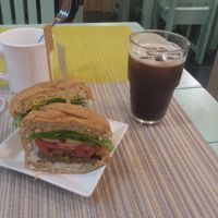 veggie burger and iced coffee at Jack and the Beanstalk in Busan