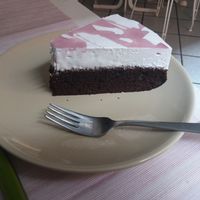 Vegan chocolate cake with cream at Alhambra Cafe in Milan