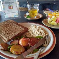 Breakfast combo with scrambled tofu at Umbrella Cafe in Pokhara