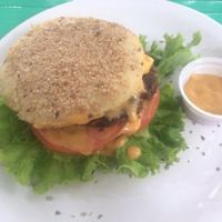 Carrotburger in gluten free (delicious) buns, with salad, tomato and vegan cheese. at Faz Bem - Asa Norte in Brasilia